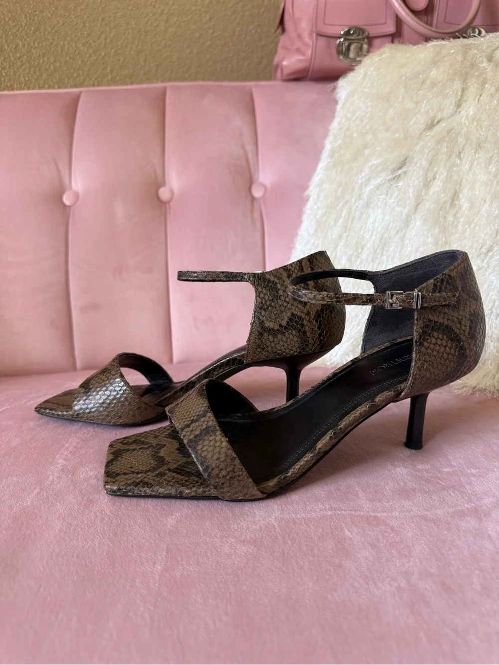 NORDSTROM Women's Brown & Black Snake-Print Leather Ankle Strap Heels. Size 7.5